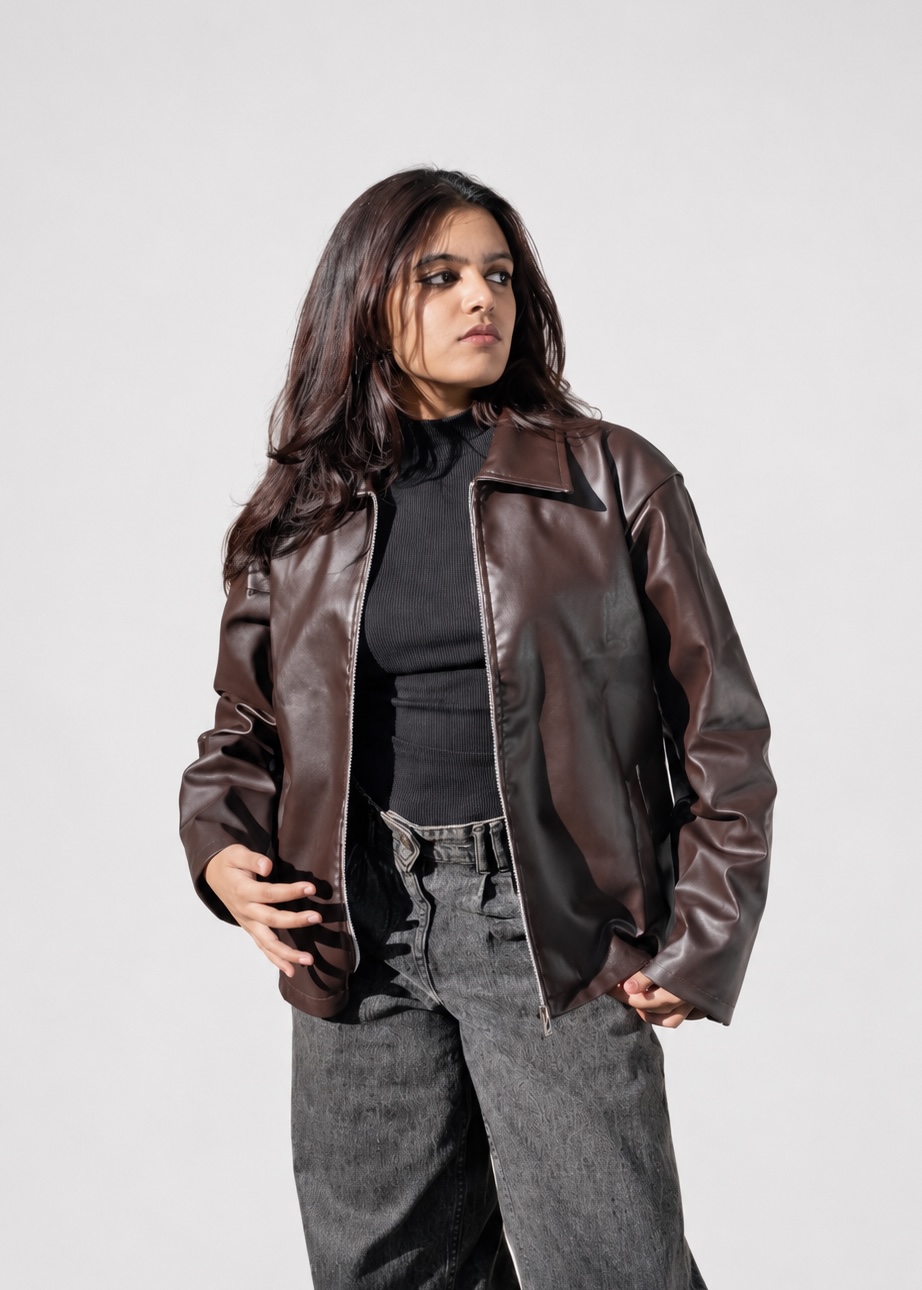 dope thinggsss coffee brown cropped pu leather jacket