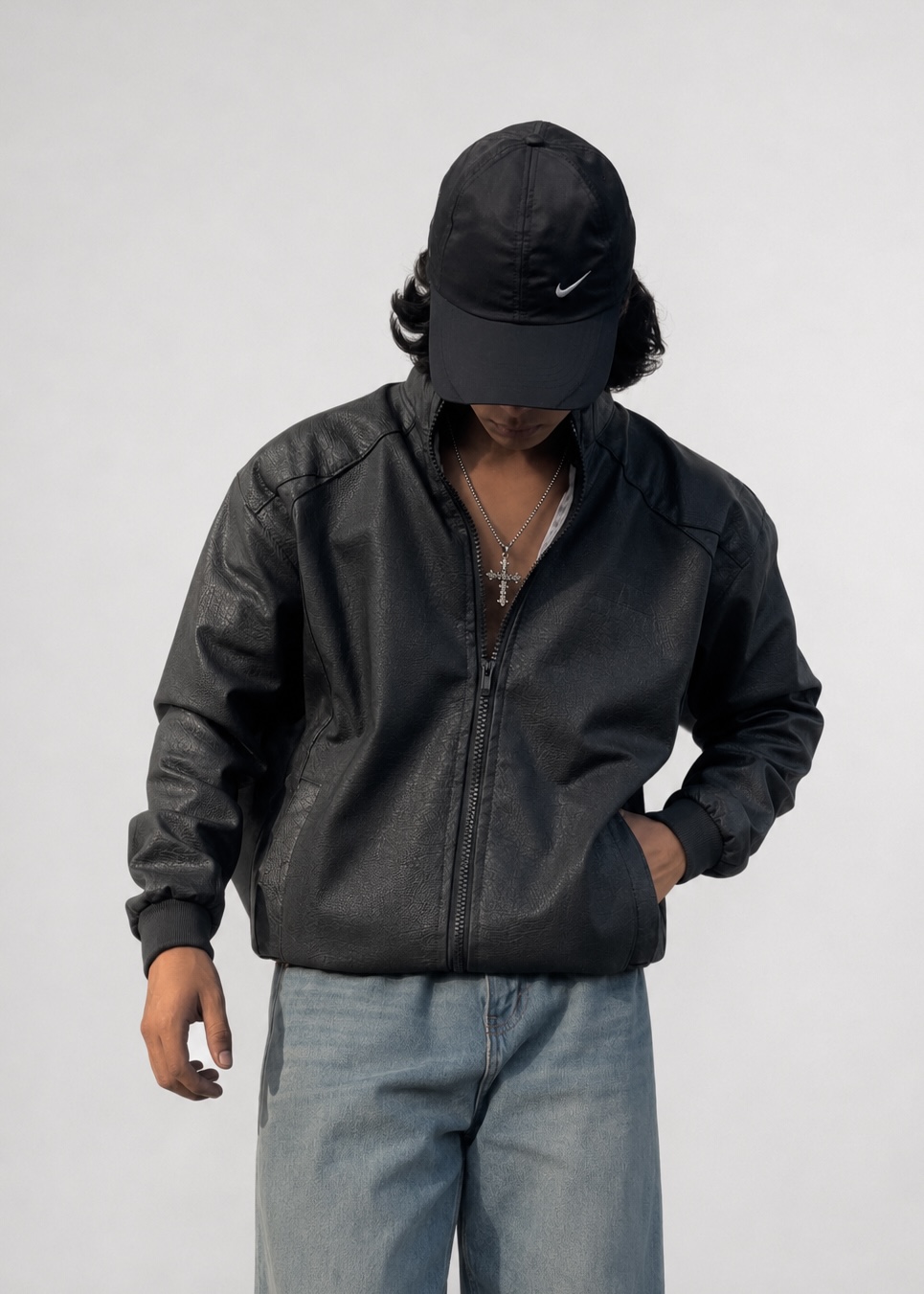 dope thinggsss black bomber pu leather jacket