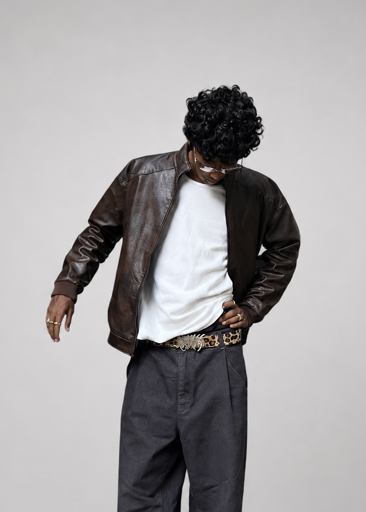 dope thinggsss coffee brown bomber pu leather jacket